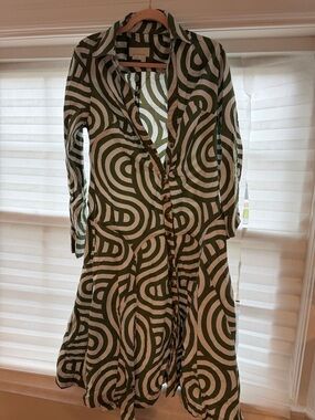Anthropologie Green & White Swirl Button-Front Shirt Dress